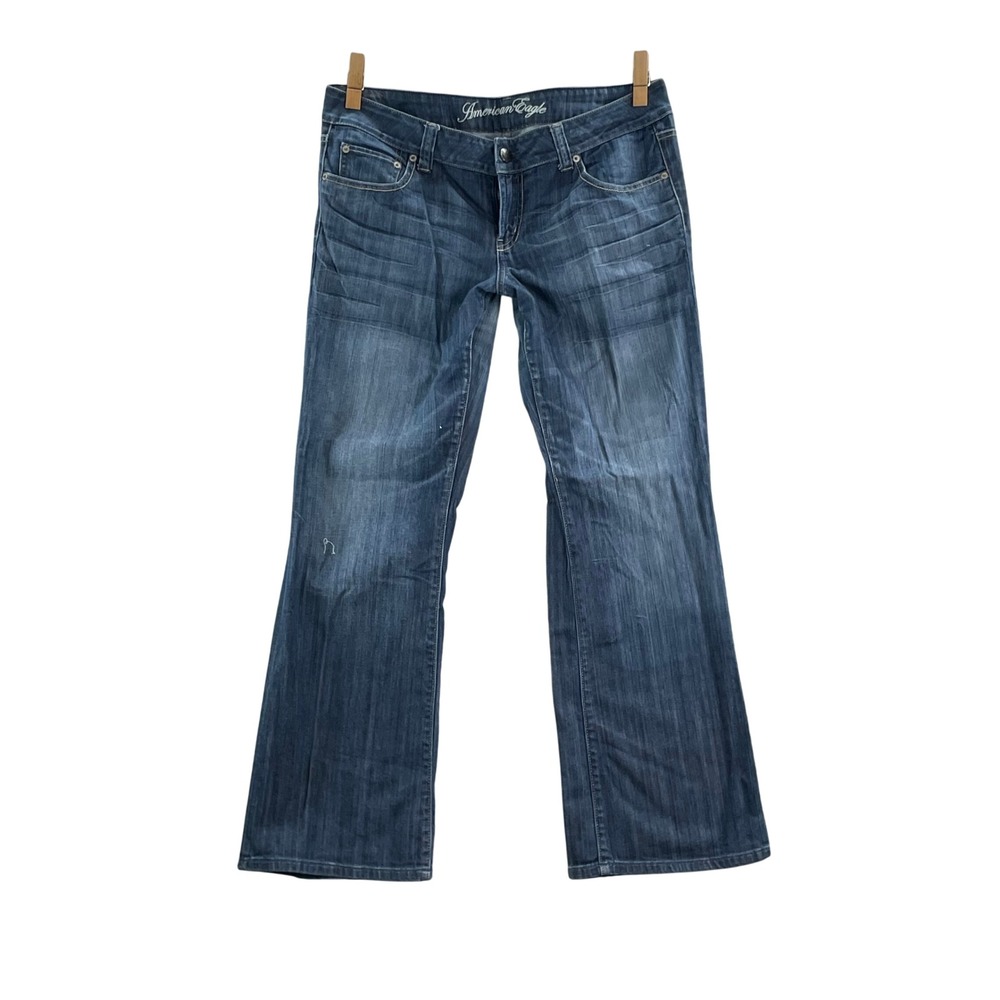 American Eagle Bootcut Jeans Women 36 Dark Blue Low Rise Whiskered Casual Denim